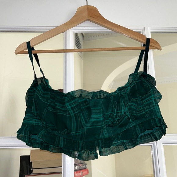 superdown Revolve trendy green tartan ruffle strappy bra top with corset back - Picture 1 of 8